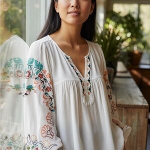 Easel White Blouse with Colorful Embroidery